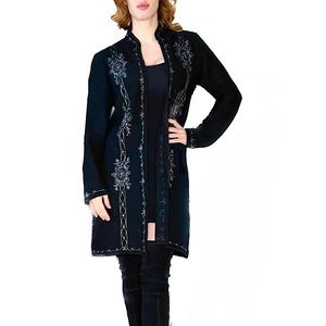 Boho Long Black Wool Embroidered Beaded Jacket S/M